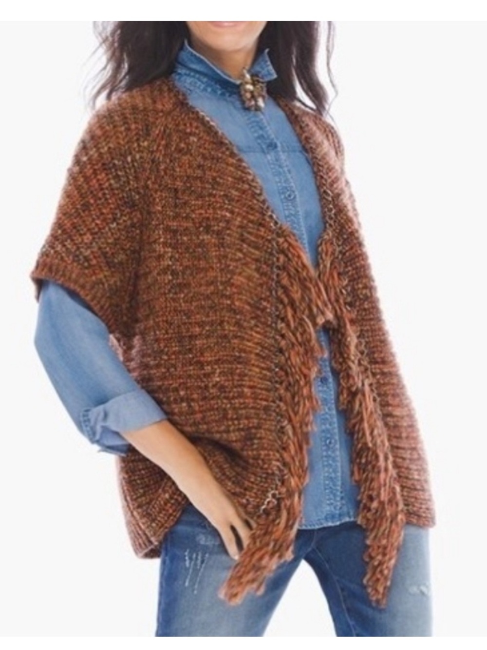 Chico’s Katarina Hardware Fringe Cardigan Sweater Size 1 M Rust Multicolor Chunk